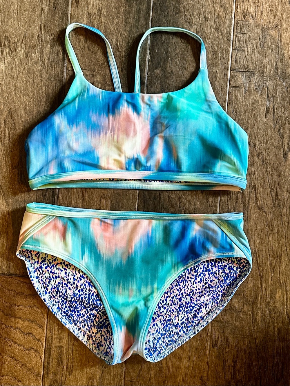 Athleta Aqua and Pink Reversible Tie-Dye Girls' Two-Piece Swim Bikini. Size XL